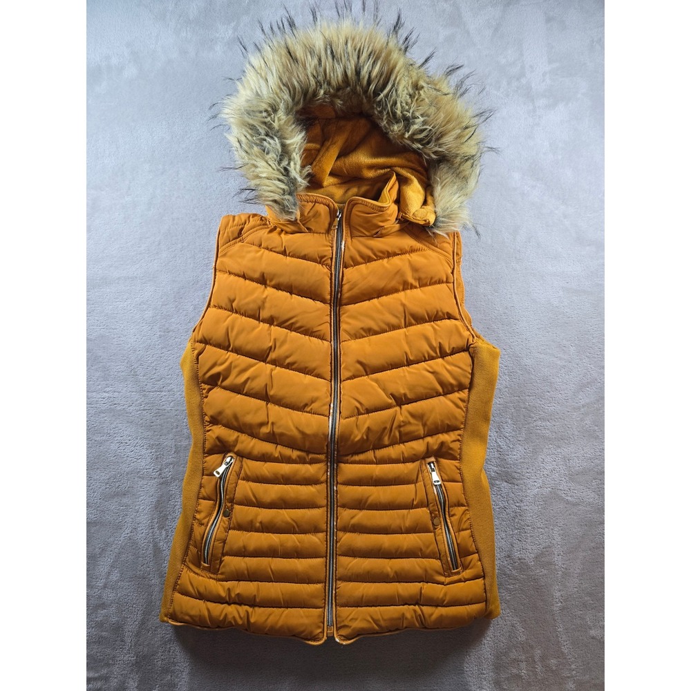 Holstark Puffer Parka Vest Womens L‎ Mustard Yellow Faux Fur Hood Full Zip *Read